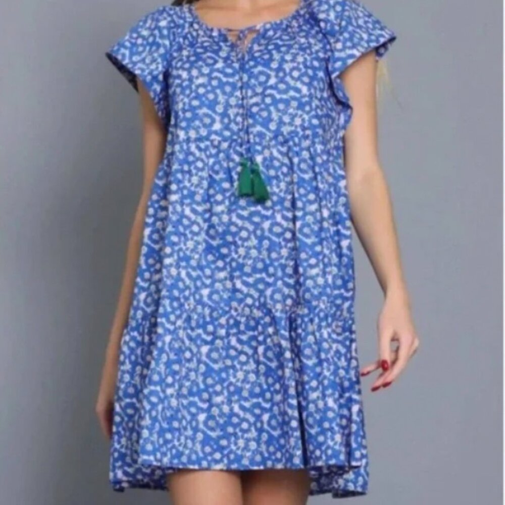 Garden Party Fairy Cottagecore Aakaa Blue Floral Print Boho Babydoll Dress Sz L‎